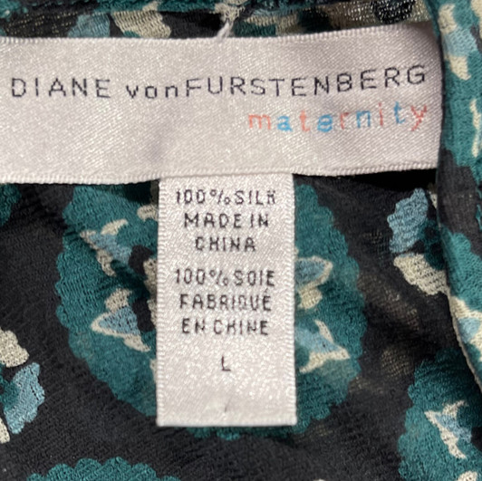 Green Floral Print Dione von Furstenberg 100% Sill Maternity Crossover Ruched 3/4 Sleeve Blouse (Like New - Size Large)