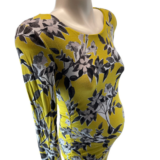 Pea in the Pod Maternity Ruched Floral Mustand Yellow with Baby Blue Maternity Dress (Gently Used - Size Medium)