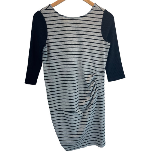Striped Black and Gray Maternal America Maternity Ruched Dress (Gently Used - Size Small) Striped Black and Gray Maternal America Maternity Ruched Dress (Gently Used - Size Small)