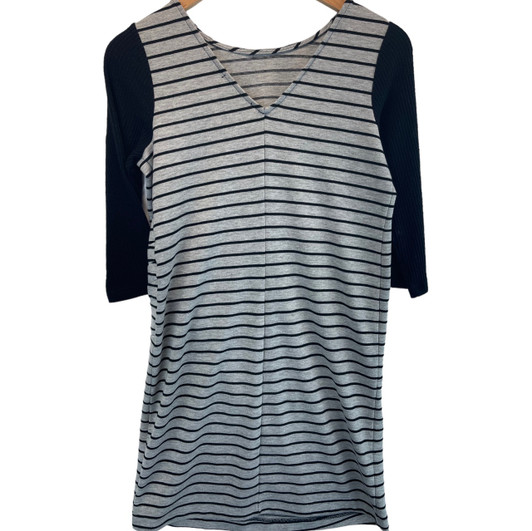 Striped Black and Gray Maternal America Maternity Ruched Dress (Gently Used - Size Small) Striped Black and Gray Maternal America Maternity Ruched Dress (Gently Used - Size Small)
