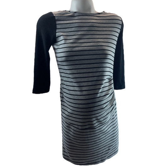 Striped Black and Gray Maternal America Maternity Ruched Dress (Gently Used - Size Small) Striped Black and Gray Maternal America Maternity Ruched Dress (Gently Used - Size Small)