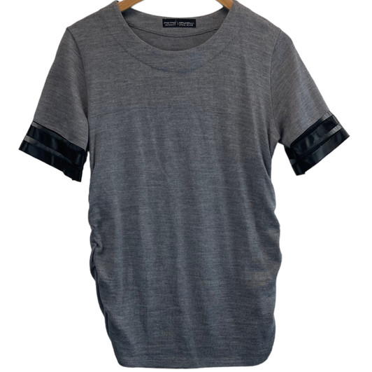 *New* Gray Ruched Short Sleeve Knit Tee with Leather Accent Sleeves by Pietro Brunelli Maternity (Size Large)