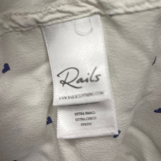 Rails Kate Navy Mini Heart-Print White Button-Down Silk Shirt Blouse