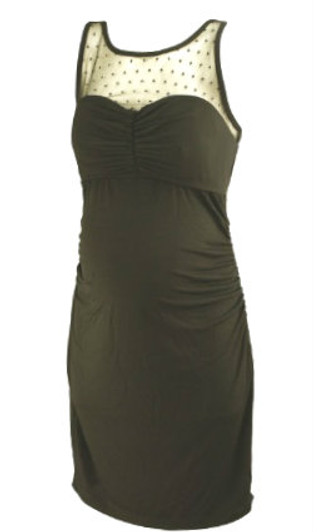 *New* Black A Pea in the Pod Maternity Sweetheart Ruched Maternity Dress with Dotted Sheer Neckline + Exposed Zipper (Size Medium)