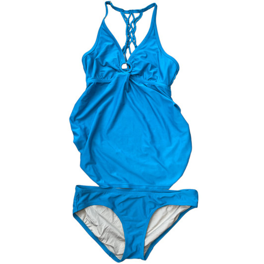 Teal A Pea in the Pod Maternity Tankini Maternity Swim Set with Knotted Back Design (Gently Used - Size Small)