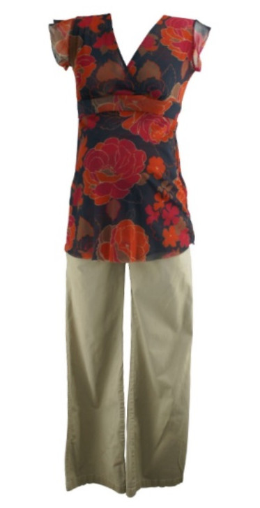 Red Floral and Beige Mimi Maternity Lot of 2 V-Neck and Khaki Pants Maternity Set (Gently Used - Size Small/Medium)