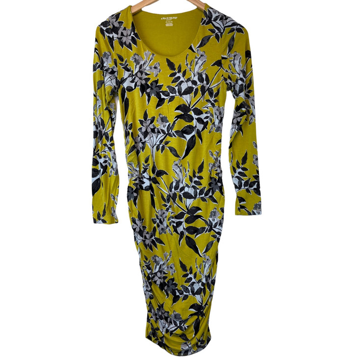  Pea in the Pod Maternity Ruched Floral Mustand Yellow with Baby Blue Maternity Dress (Gently Used - Size Medium)
