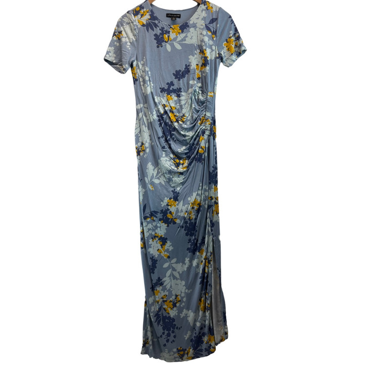 A Pea in the Pod Maternity Blues Floral One Side Ruched Maternity Maxi Dress | Gently Used - Size Small