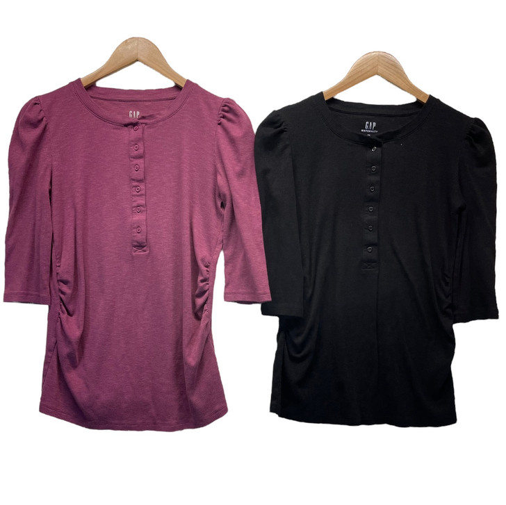 Lot of 2 Gap Maternity Puff-Sleeve Rib Henley Maternity Top in Damson Pink and Black | Gently Used - Size X-Small