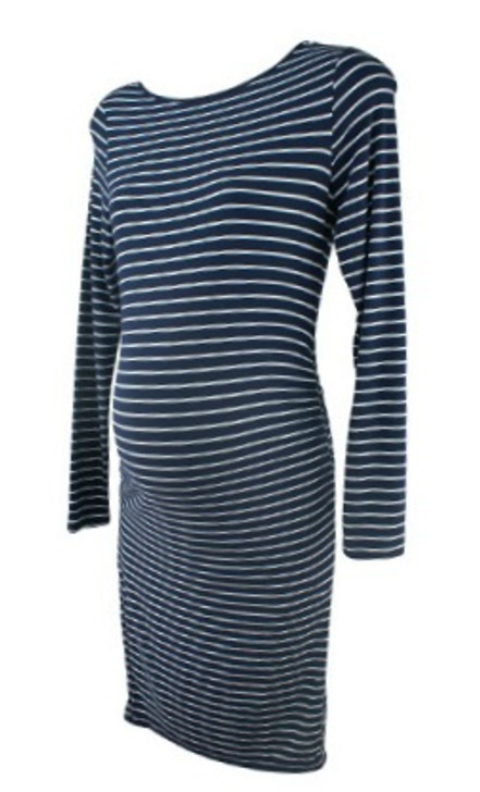 Navy Striped A Pea in the Pod Maternity Casual Ruched Maternity Dress (Gently Used - Size Small)