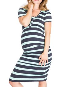 NOM Maternity Mint & Silver Stripe Snap Maternity Bodycon Dress | Pre-Owned - Size X-Small 
