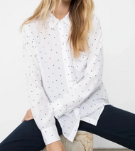 Rails Kate Navy Mini Heart-Print White Button-Down Silk Shirt Blouse