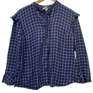 LED Luxe Essential Denim Maternity Flutter Sleeve Checkered Button Up | Pre-Owned- Size  X-Small