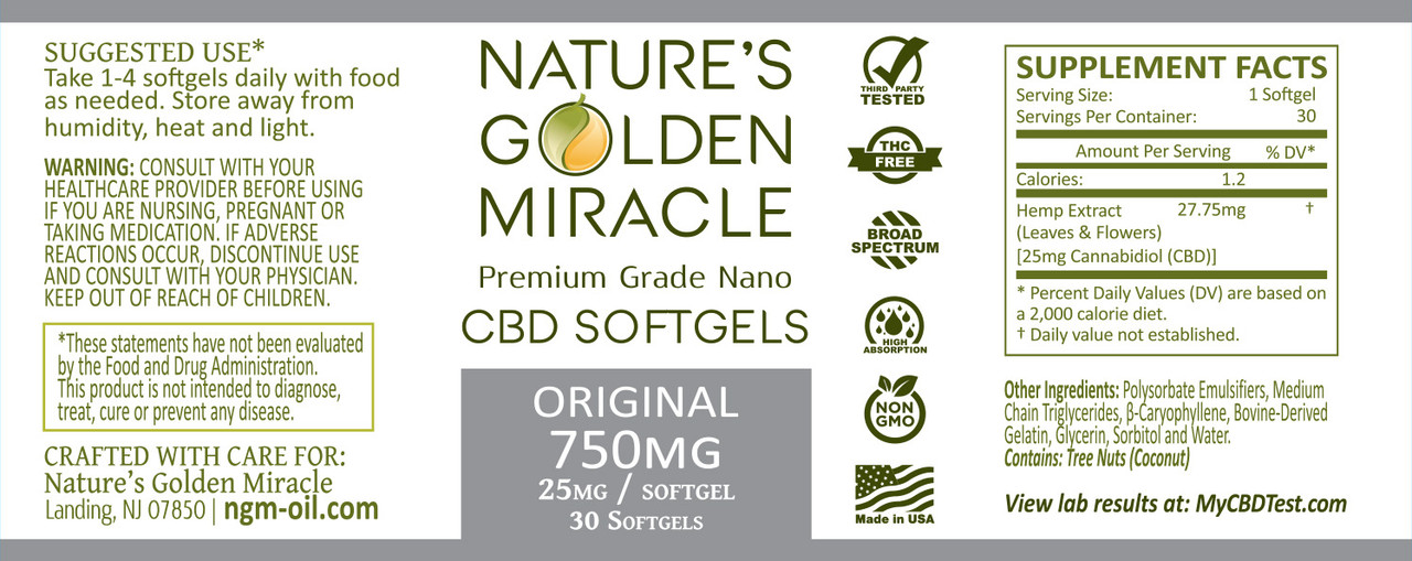 Nature's Golden Miracle Original Softgels Label - 750mg Hemp Extract THC-Free - Broad Spectrum