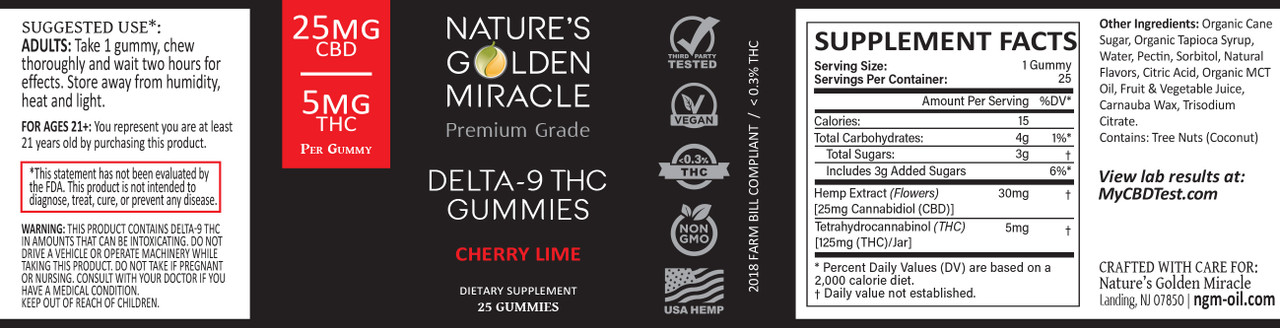 Nature's Golden Miracle premium grade Delta 9 Gummies - 25mg CBD + 5mg THC - Cherry Lime flavor