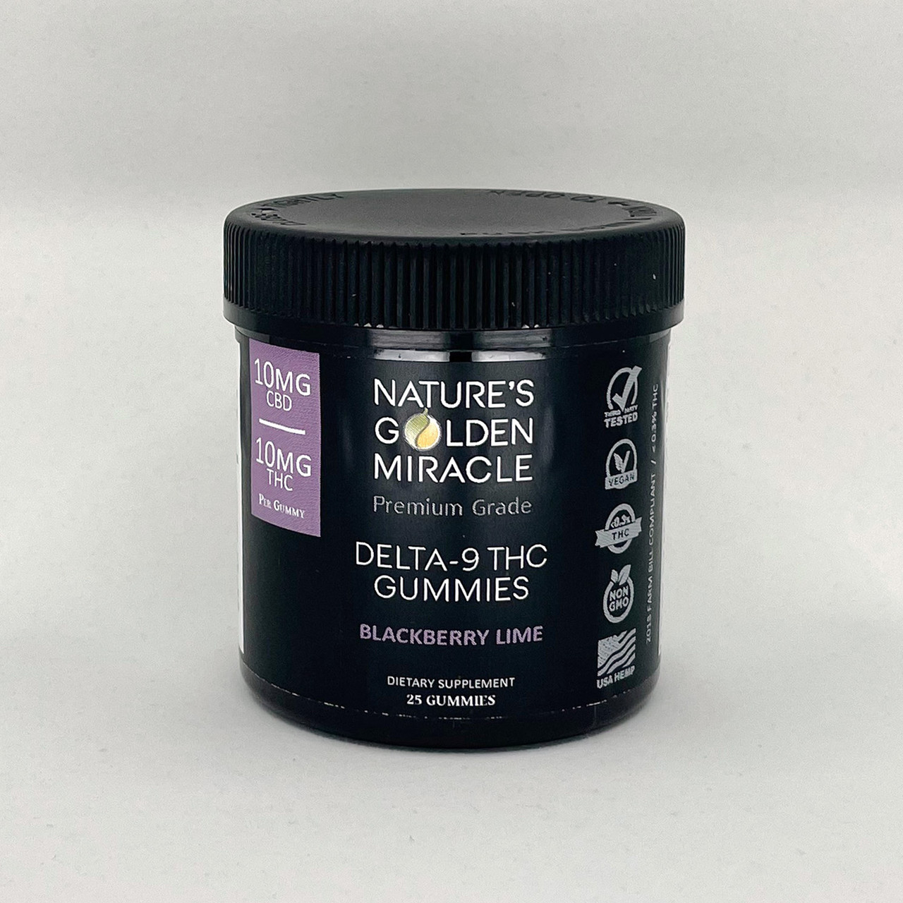 Nature's Golden Miracle premium grade Delta 9 Gummies - 10mg CBD + 10mg THC
