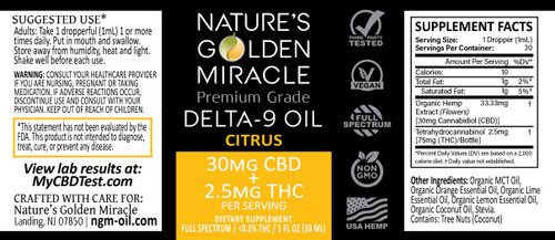 2.5mg Delta 9 THC Tincture with less than 0.3% THC - Farm Bill Compliant - Nature’s Golden Miracle - Organic ingredients - Premium Grade - Full Spectrum enhanced - 3rd Party Tested