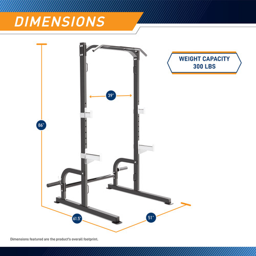 The Marcy Half Cage Rack SM-8117 is 86 inches tall, 61.5inches wide, and 51 inches long 