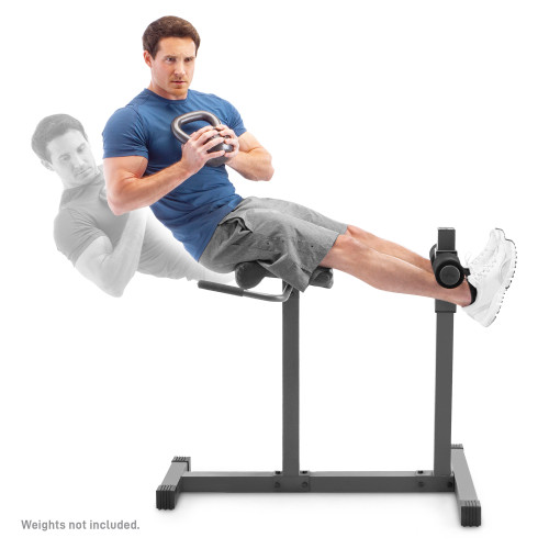 Roman Chair, Hyper Extension Bench  Marcy JD-3.1 - Model doing Sit-Up with Kettlebell