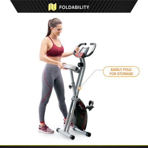 Folding Upright Exercise Bike with Adjustable Resistance | Circuit Fitness AMZ-150BK is foldable and easy to store