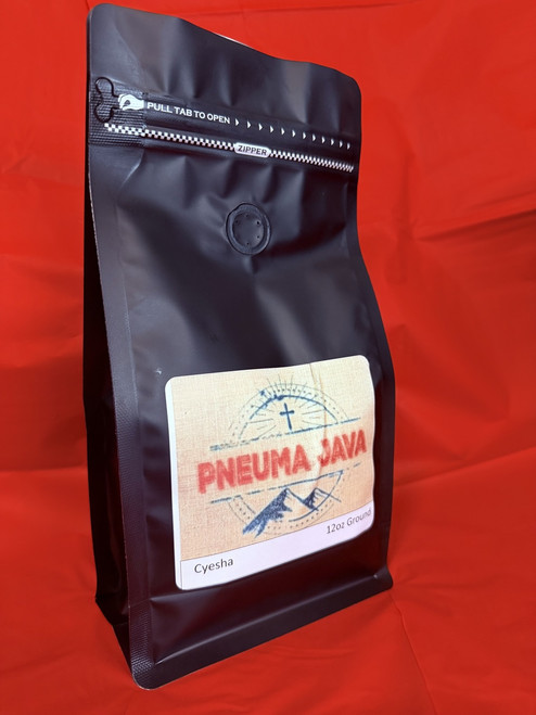 Bag of Pneuma Java Cyesha coffee beans featuring Rwandan origin and specialty-grade, fully washed arabica quality. Bag of Pneuma Java Cyesha coffee beans featuring Rwandan origin and specialty-grade, fully washed arabica quality.