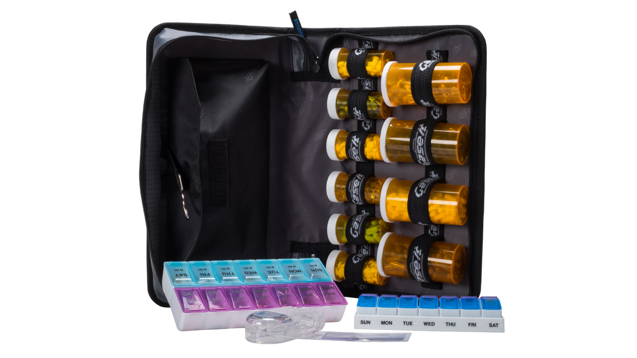 Med Manager Mini Medicine Organizer and Pill Case, Holds (10) Pill Bottles  - (6) Standard Size and (4) Large Bottles, Purple, 12 inches x 6 inches x 3  inches 
