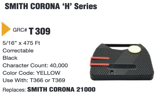 GRC Compatible Smith Corona 'H' Series Ink Ribbon (Black) (T309)
