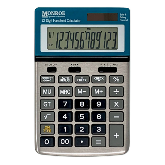 Monroe Handheld 12-Digit Calculator With Check And Correct Functionality (Top View)