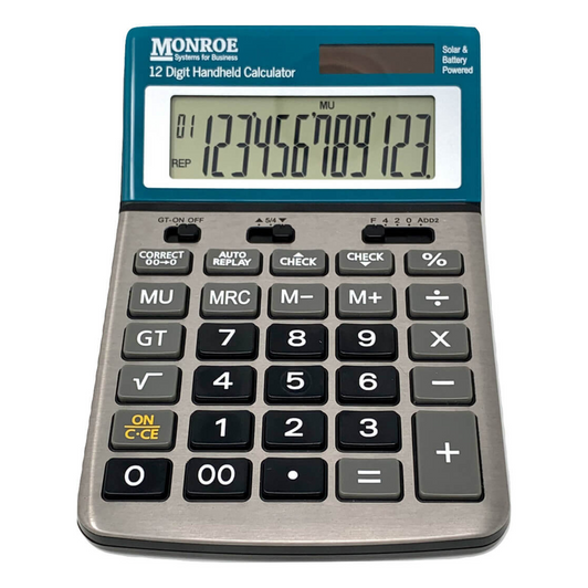 Monroe Handheld 12-Digit Calculator With Check And Correct Functionality (Front View) (Monroe Blue)