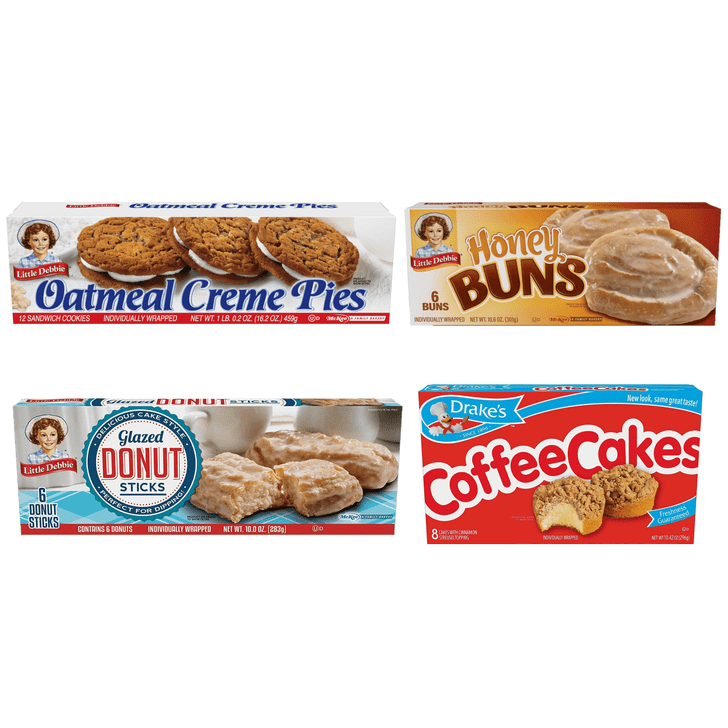 The Breakfast Variety Pack features one box each of Little Debbie Oatmeal Crème Pies, Honey Buns, and Drake's Coffee Cakes. That's four total boxes per order.