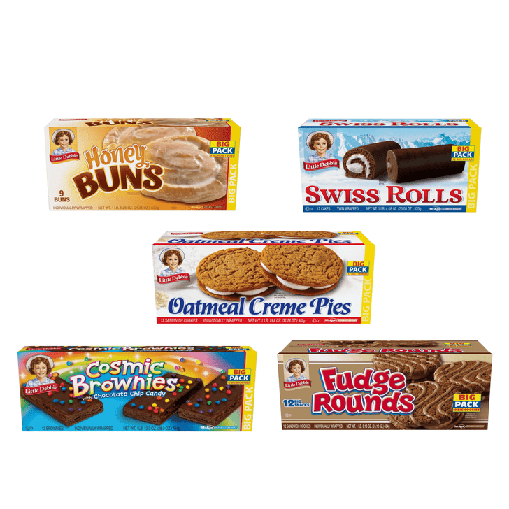 This Little Debbie Big Pack Variety Bundle five big pack boxes of Little Debbie favorites. Included with this order will be one box each of Oatmeal Creme Pies, Honey Buns, Swiss Rolls, Fudge Rounds and Cosmic Brownies.