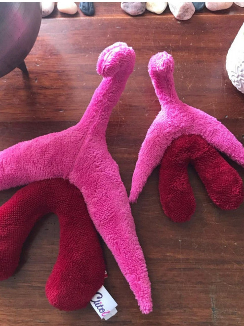 Handgemaakte 3D pluche clitorisknuffel in roze en bordeaux microvezel voor anatomische voorlichting