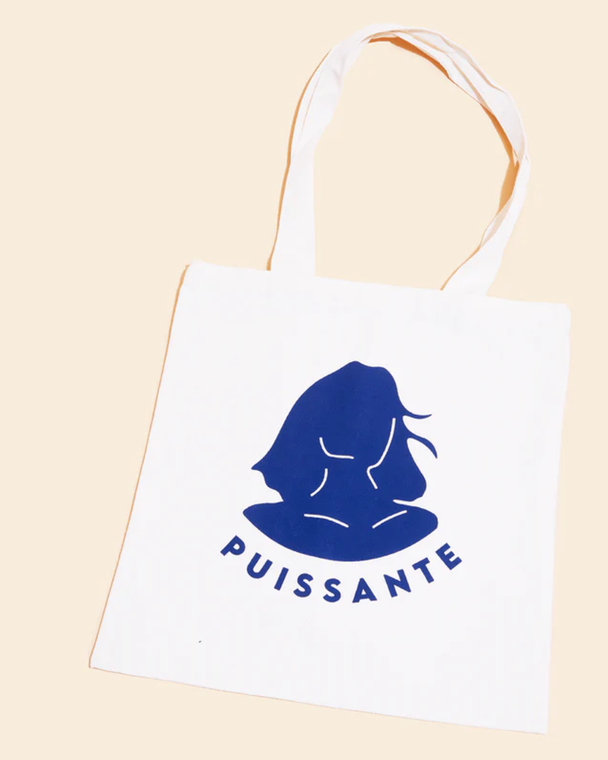 Puissante tote bag in naturel katoen met donkerblauw logo
