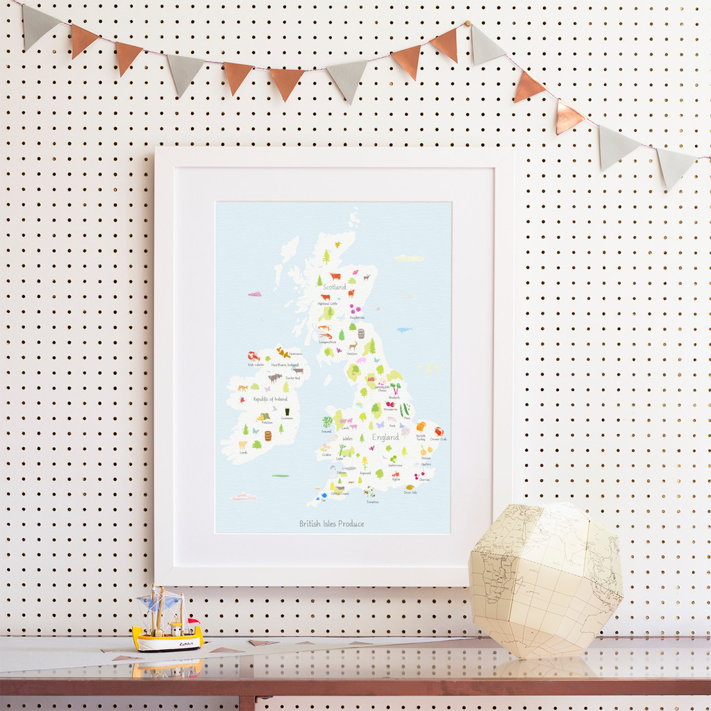 British Isles Produce Map framed Art Print illustration by artist Holly Francesca