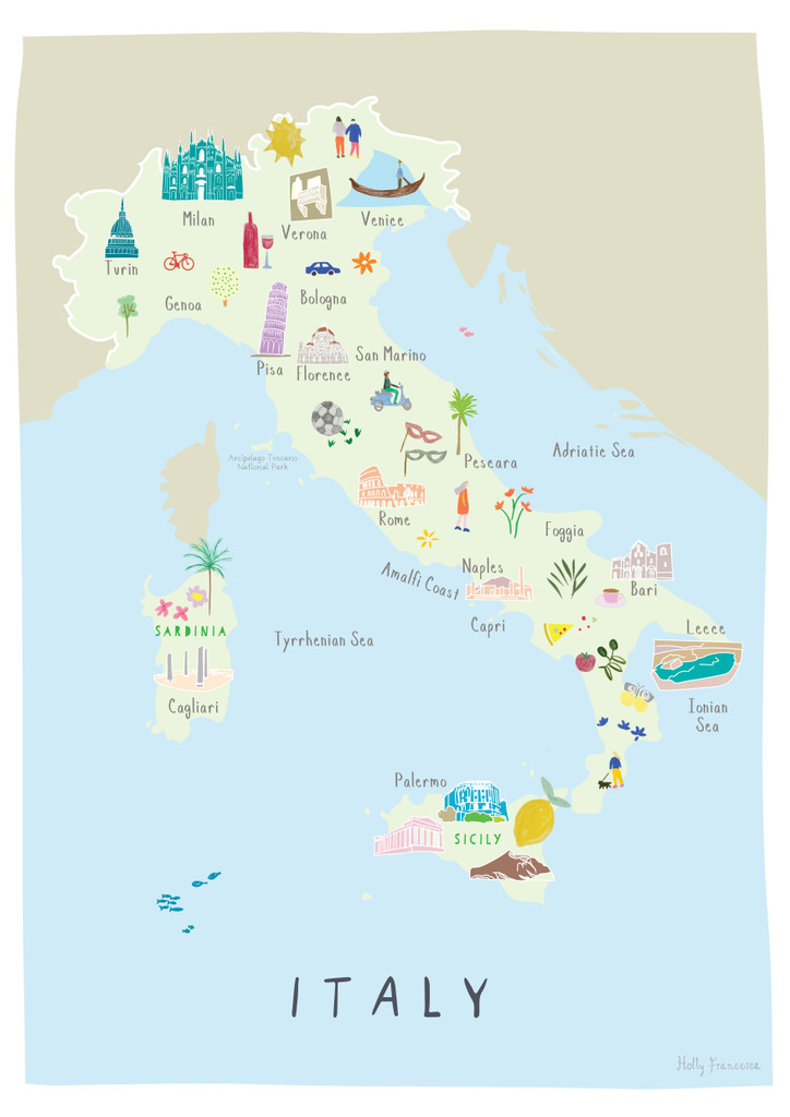 Illustrated Map of Italy Art Print by artist Holly Francesca