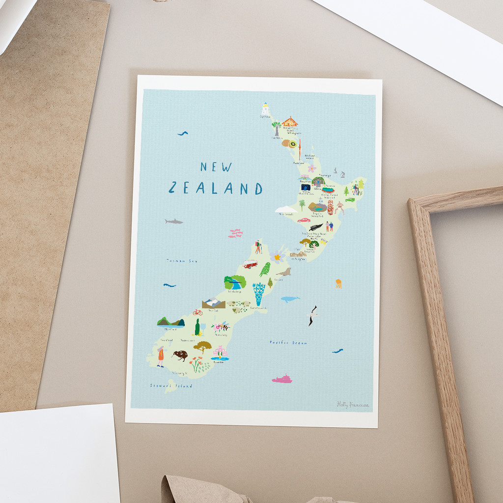 Illustrated Map of New Zealand Art Print by Artist Holly Francesca