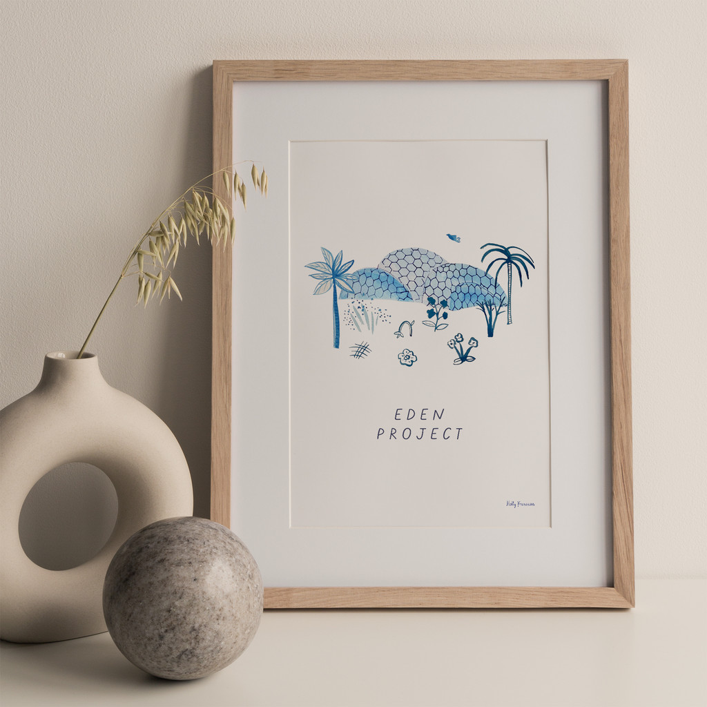 This travel poster of the Eden Project was created from an original drawing & blue ink painting by artist Holly Francesca.