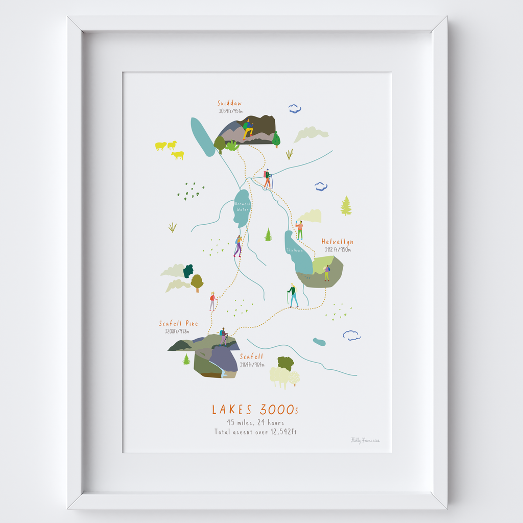 Lakes 3000s Route Map Art Print by illustrator Holly Francesca