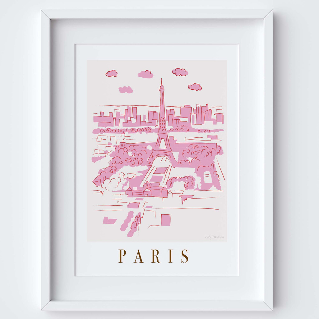 Paris, France Pink Cityscape Scene Art Print by Illustrator Holly Francesca