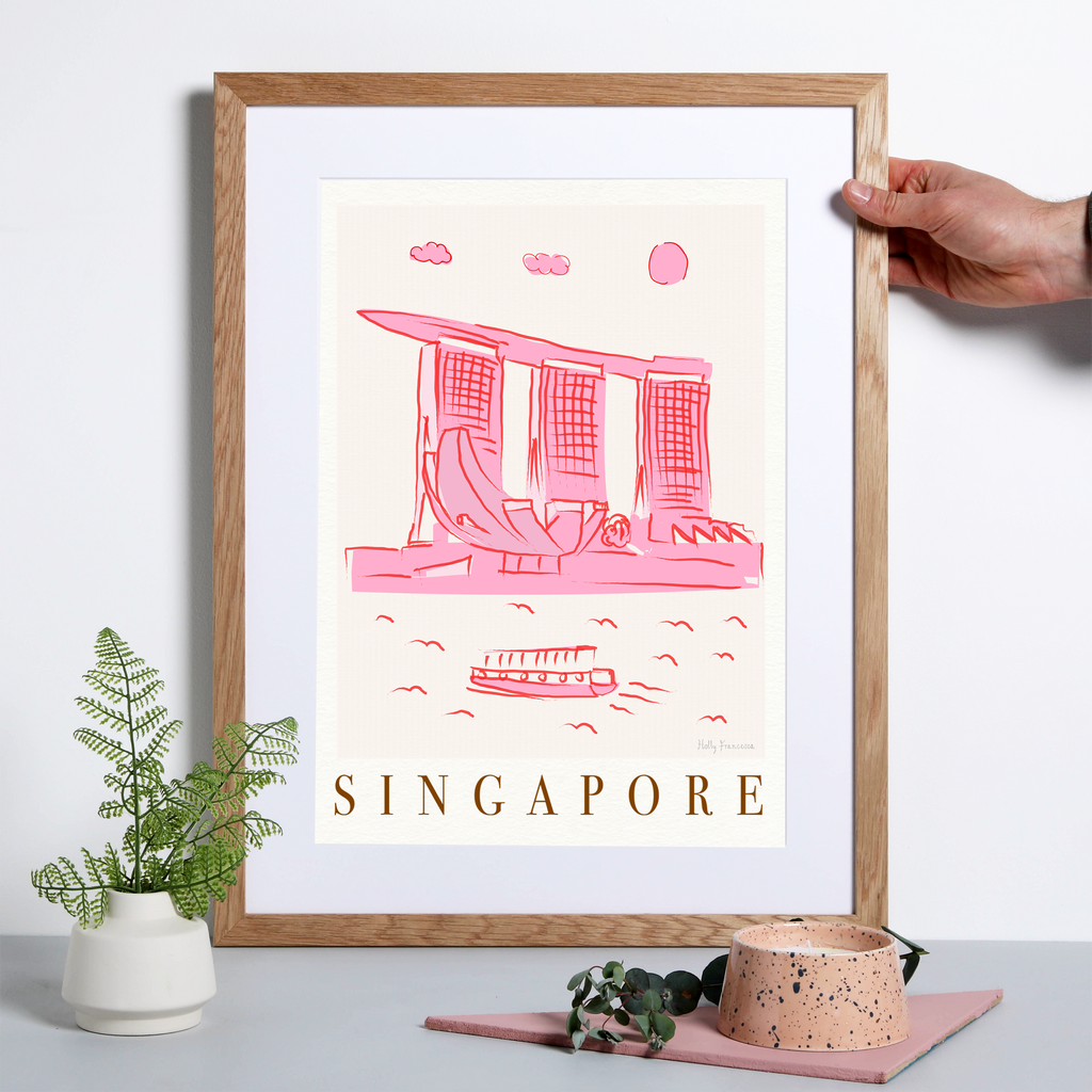 Singapore Pink Cityscape Scene Art Print by Illustrator Holly Francesca