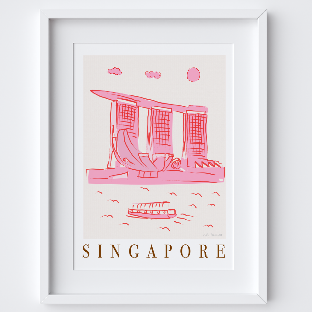 Singapore Pink Cityscape Scene Art Print by Illustrator Holly Francesca