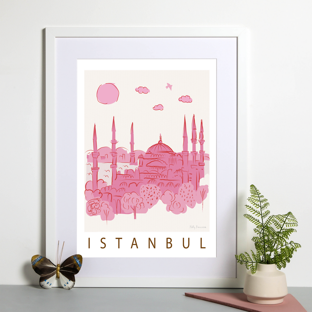 Istanbul, Turkey Pink Cityscape Scene Art Print by Illustrator Holly Francesca