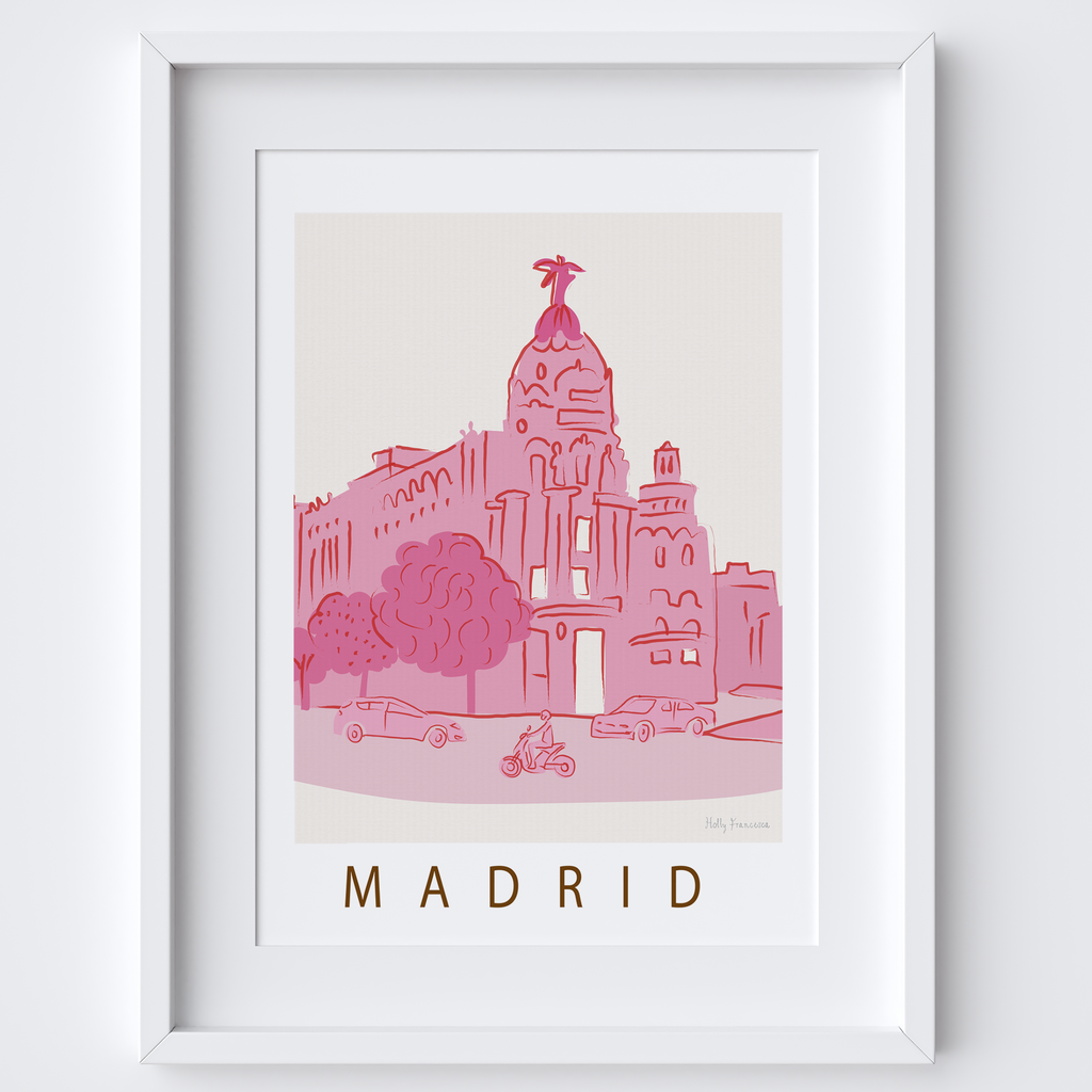 Madrid, Spain Pink Cityscape Scene Art Print by Illustrator Holly Francesca
