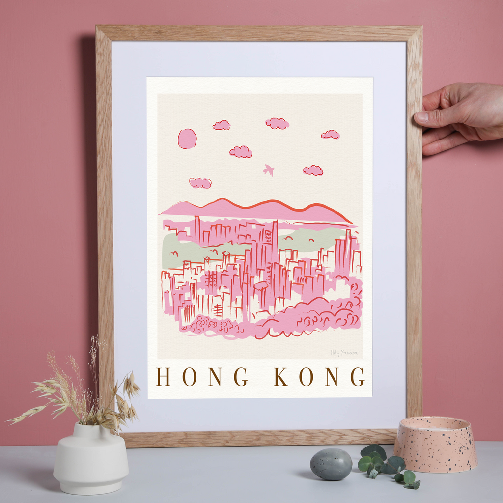 Hong Kong, China Pink Cityscape Scene Art Print by Illustrator Holly Francesca