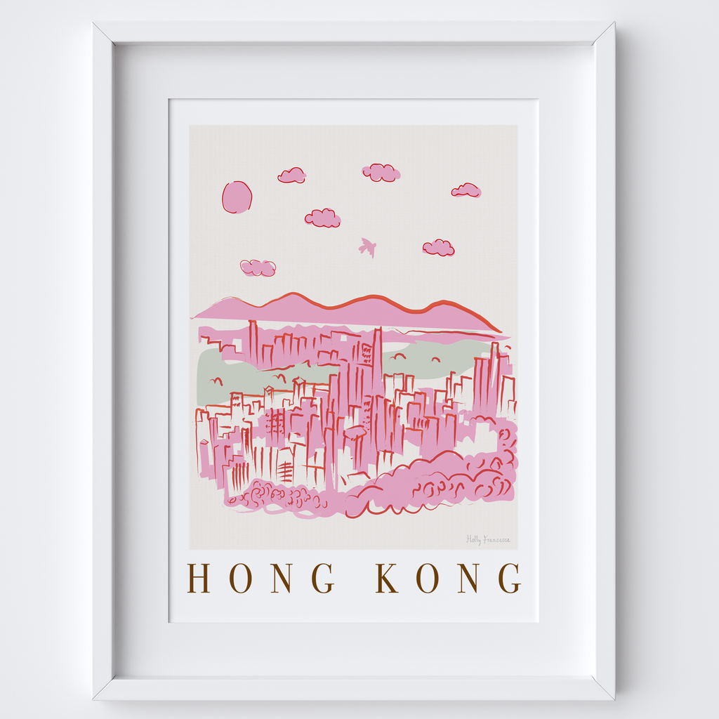 Hong Kong, China Pink Cityscape Scene Art Print by Illustrator Holly Francesca