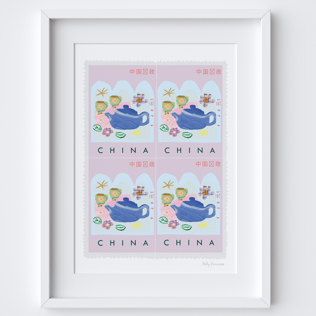 Illustrated Chinese Postage Stamp Art Print by artist Holly Francesca