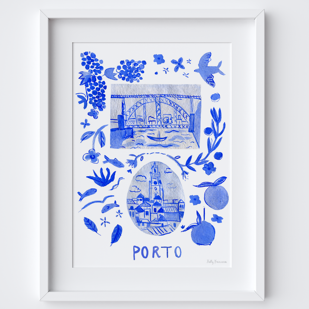 Porto Blue Portuguese 'Azulejo' tiles - Watercolour Painted Scene Art Print by Holly Francesca