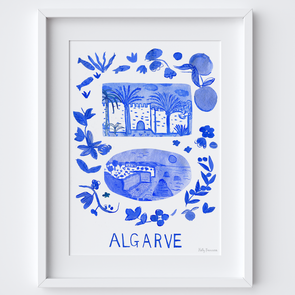 Algarve Blue Portuguese 'Azulejo' tiles - Watercolour Painted Scene Art Print by Holly Francesca