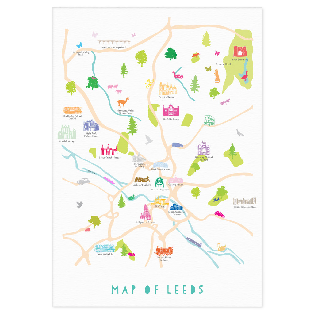 Illustrated hand drawn Map of Leeds art print by artist Holly Francesca.