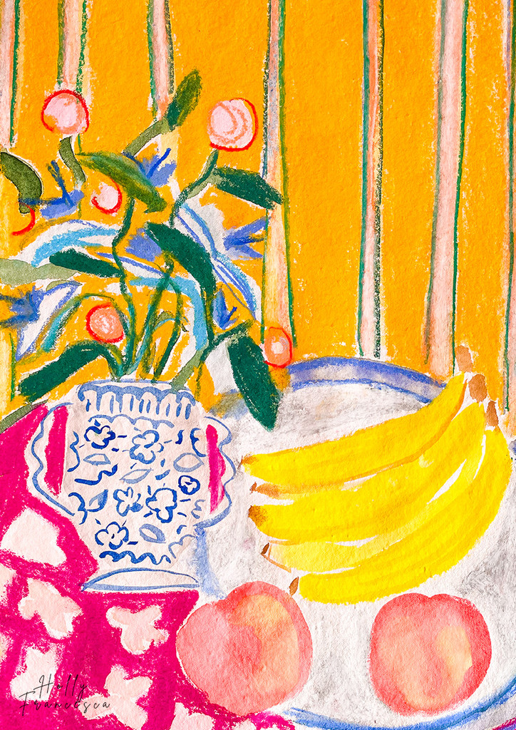 'Les Bananes' Banana & Vase Art Print - Mixed Media Watercolour Pastel Poster by Holly Francesca